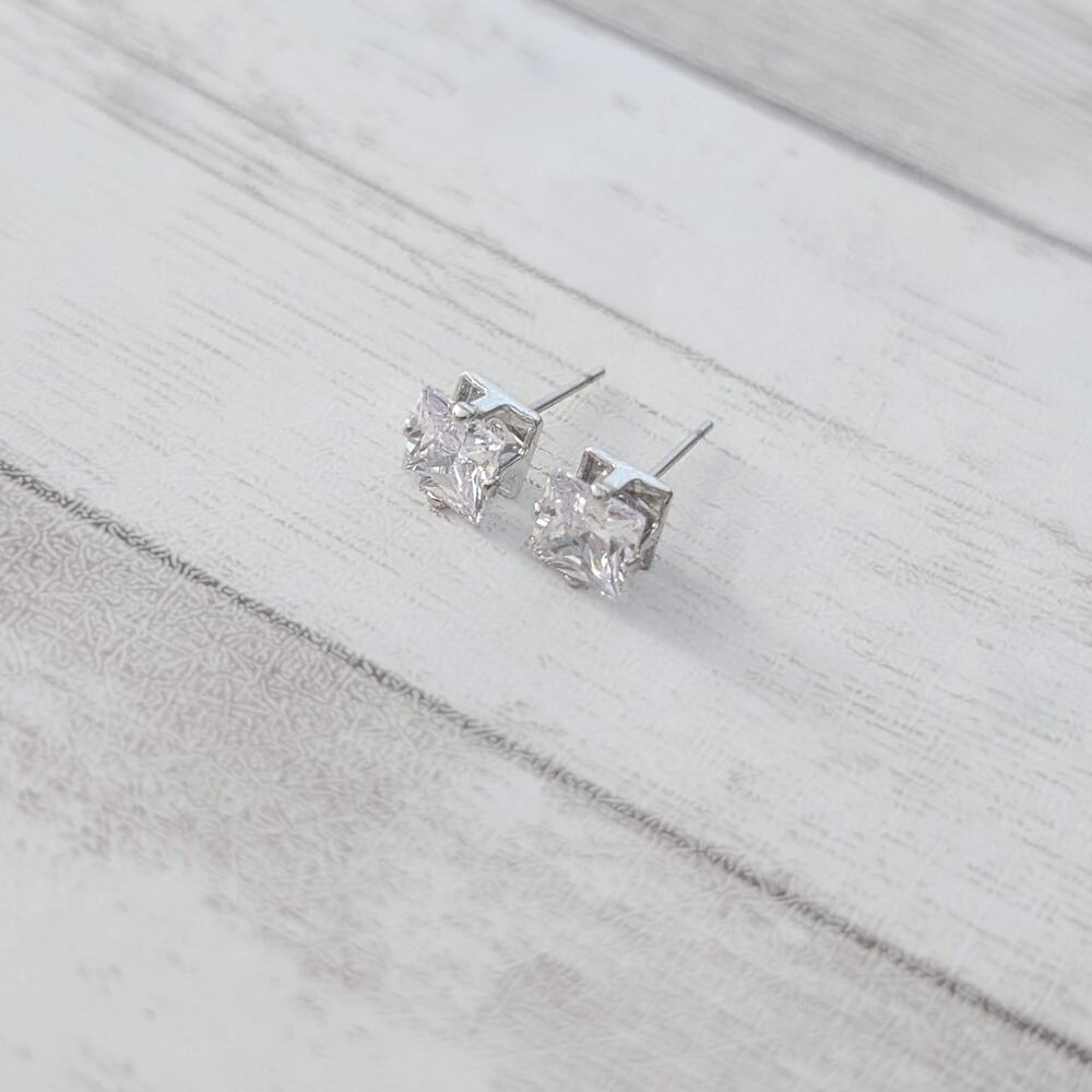 Stud Earrings - Clear Square Gem 0.25" Silver Tone Stud Earrings